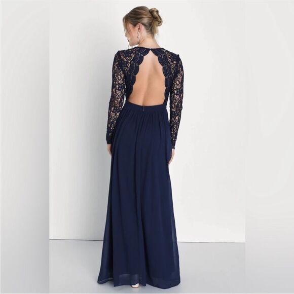 Lulus Navy Blue Long Sleeve Lace Maxi Dress Size M Romantic Open Back A-Line - Picture 2 of 11